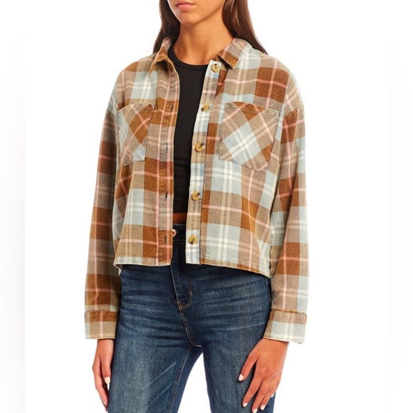 Originality Plaid Collared Button Front Shacket Brown Blue White Size Small - Picture 1 of 8